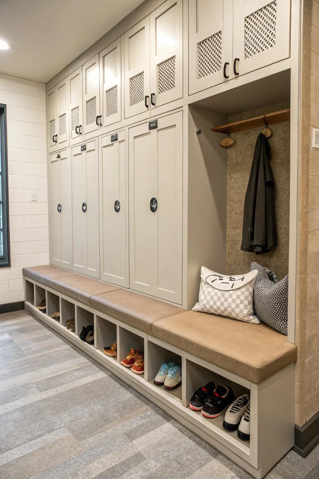 A cozy seating space designed as part of the integrated storage units.