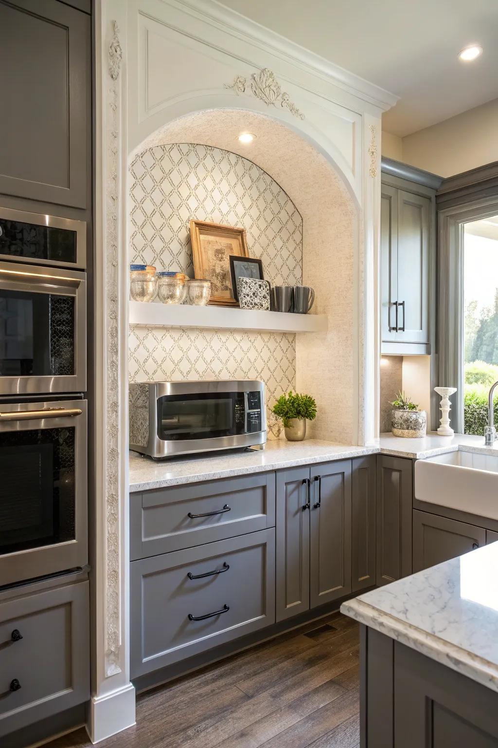 Stylish kitchen design featuring a decorative niche for the microwave.