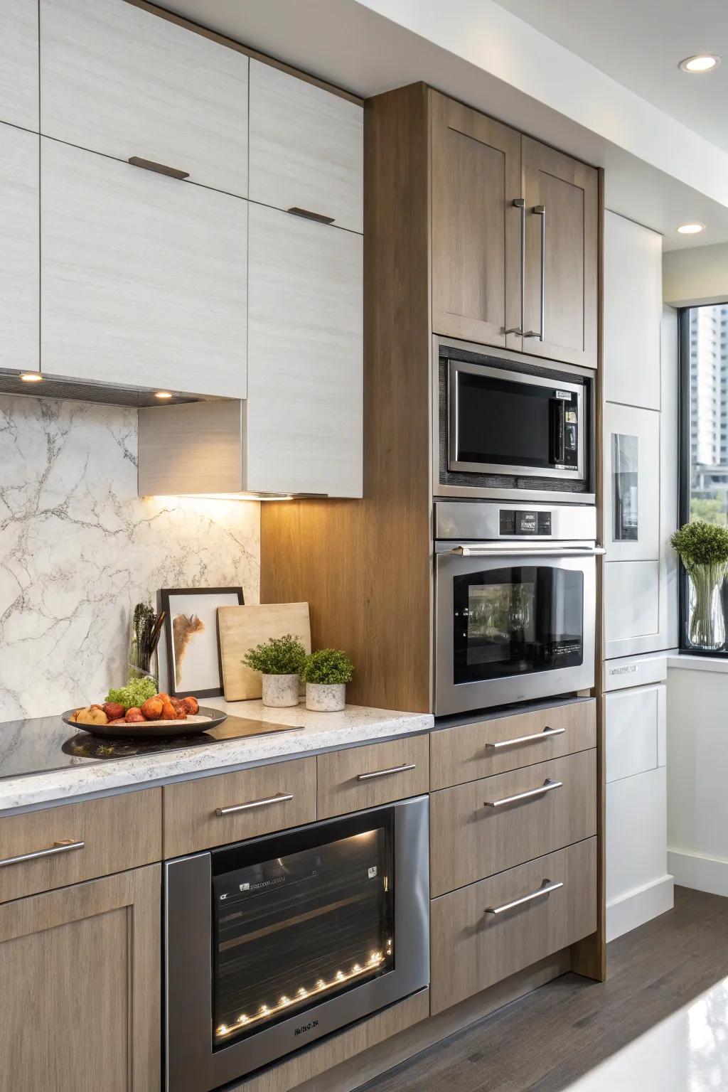 A wall-affixed microwave integrated with overhead cabinets.