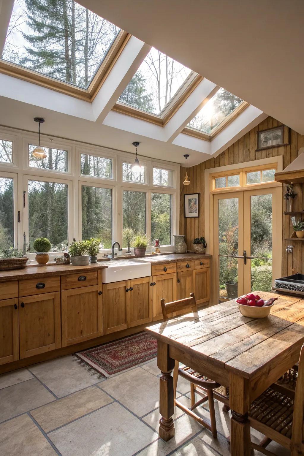 Overhead windows and wide windows flooding a bungalow cooking area with sunlight.