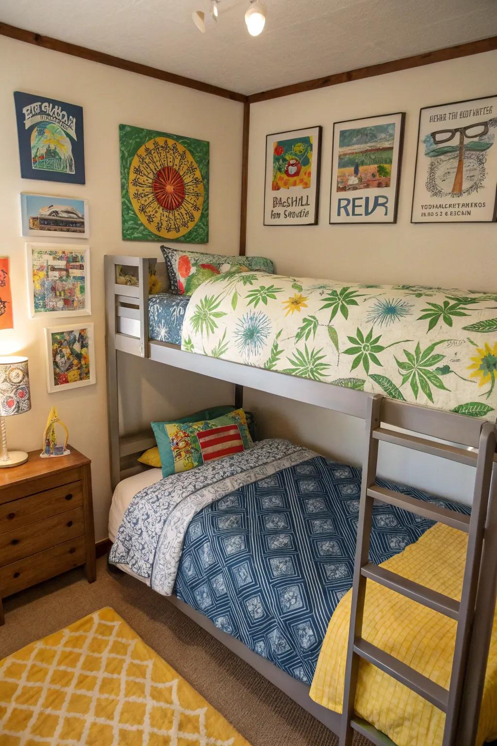 Customized bunk room with unique bedding and artwork.