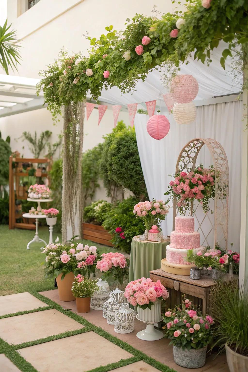 A lush garden-like atmosphere for the rabbit baby celebration.