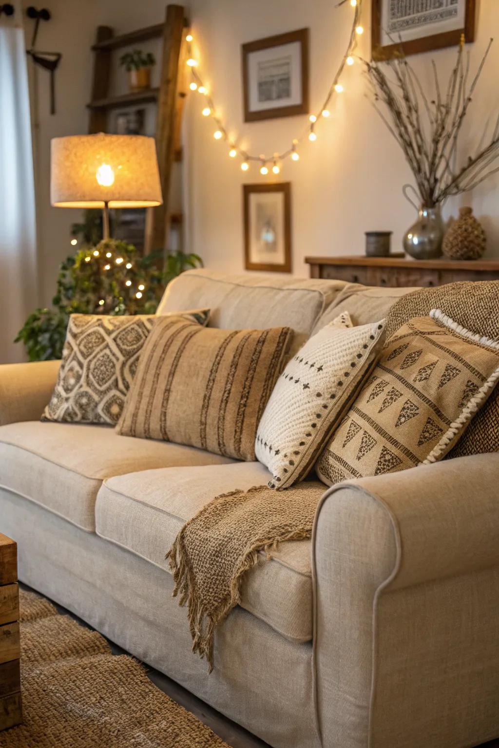 Hessian pillows offer both style and comfort.