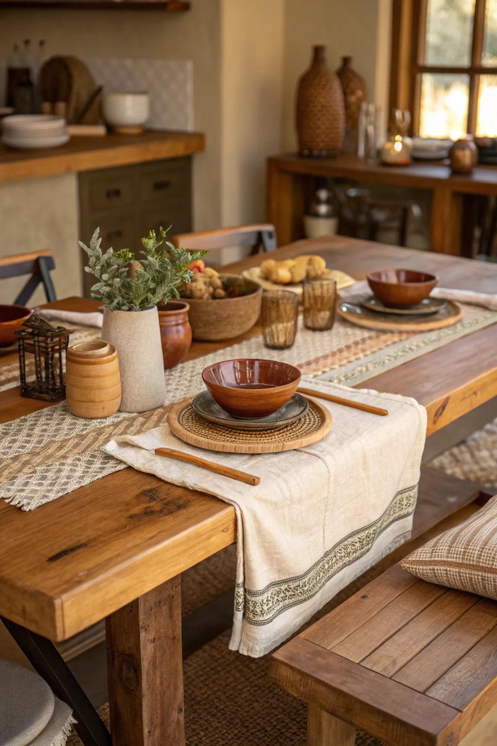 Gather around a country meal table fashioned from wooden surfaces for meals brimming with warmth and memories.