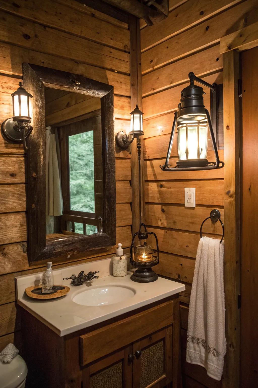A cabin bathroom featuring a period mirror and lantern-style lighting.