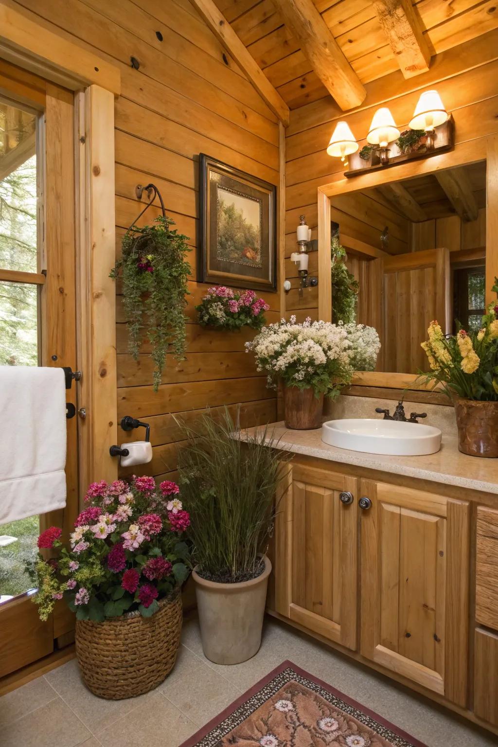 Natural decor brings vitality and freshness to a cabin bathroom.
