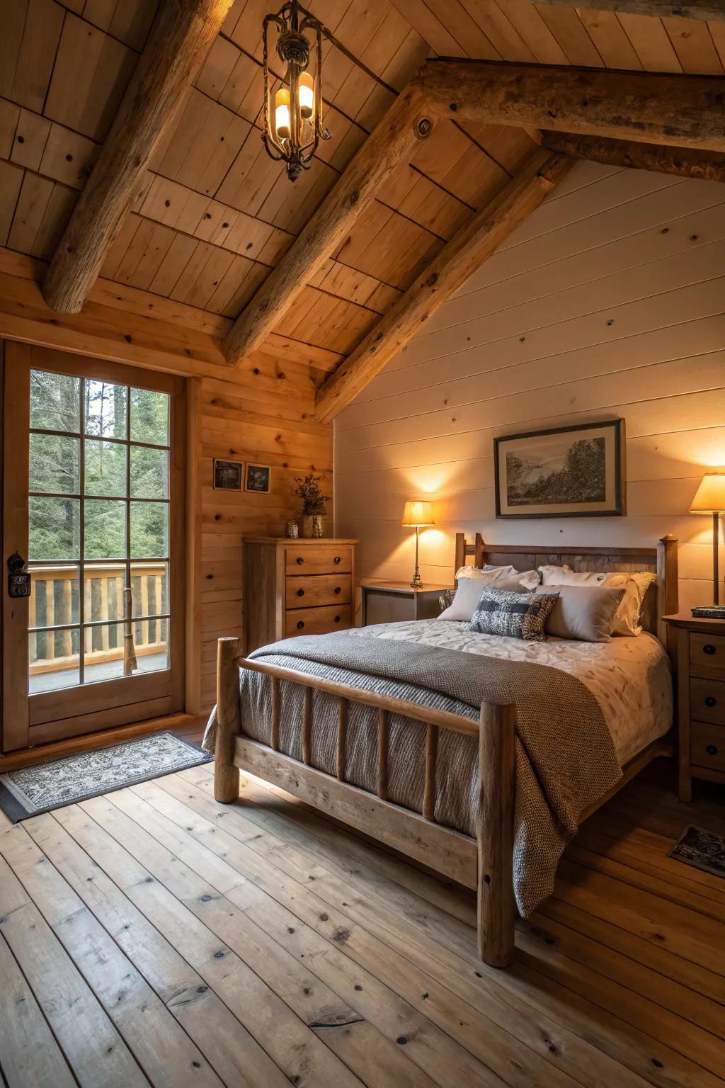A cabin bedroom featuring ambient soft lighting and wooden accents.