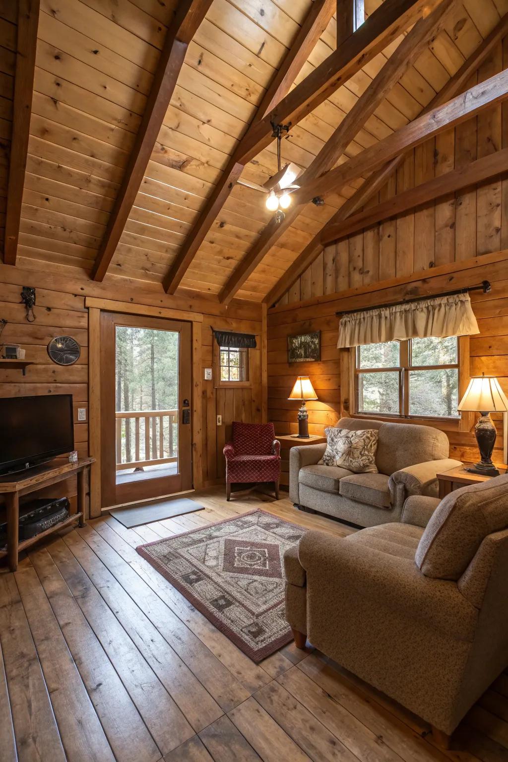 The exposed beams give this cabin architectural interest and countryside charm.