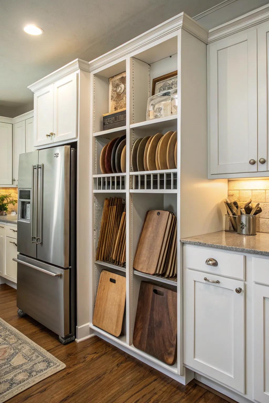 Upright storage keeps trays and boards neatly arranged and easily accessible.
