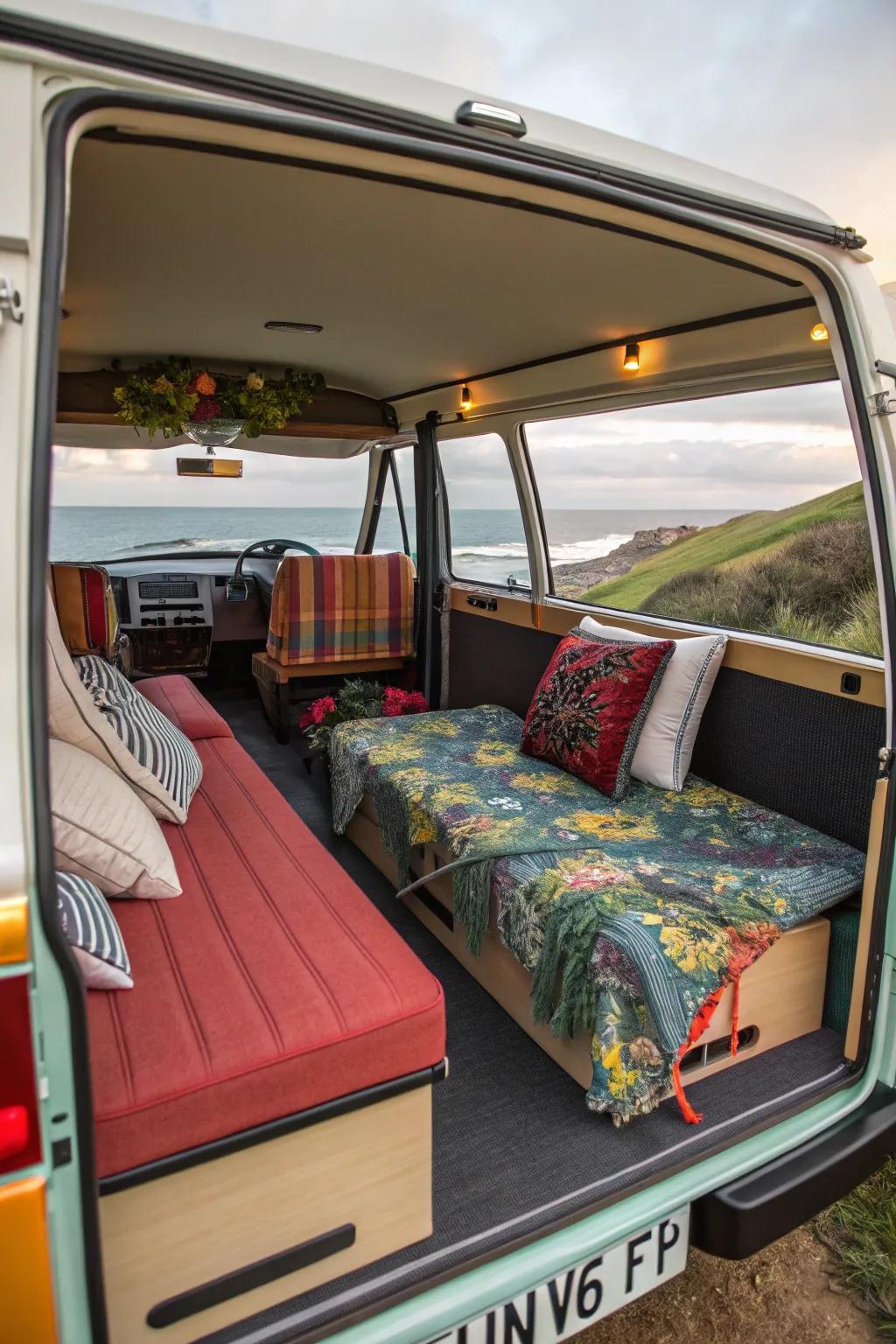 Rock and roll beds seamlessly transition from seating to sleeping space.