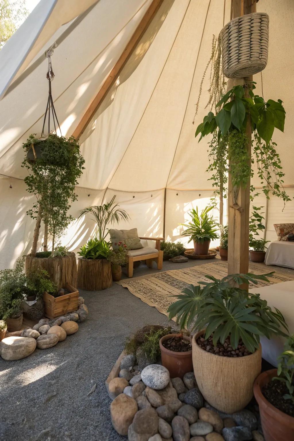 Saturate your tent with raw decor to keep in touch with the outdoors.