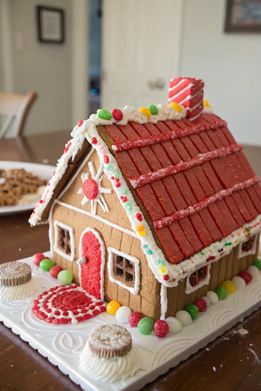 Twisted ropes creatively utilized as roof overlays on a gingerbread residence.