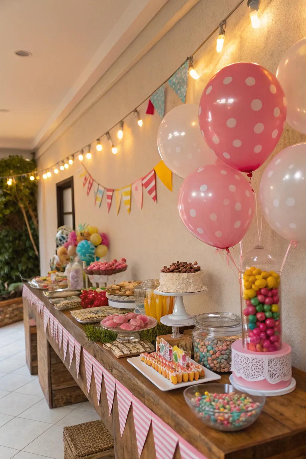 Banners and inflatables adding flair to the sweets table