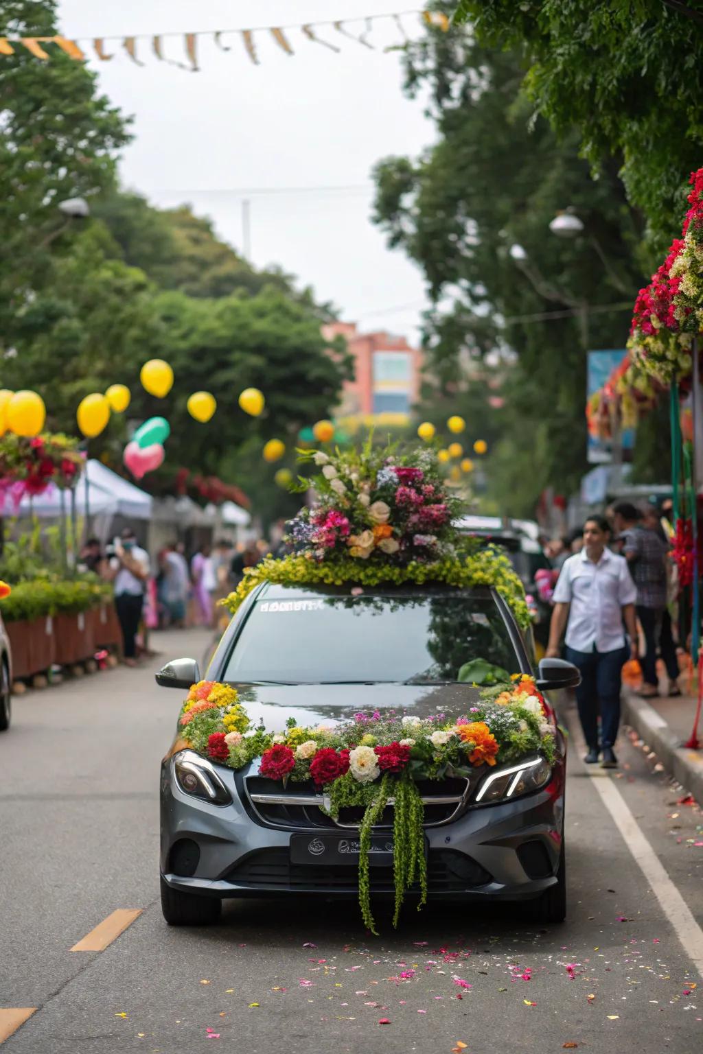 A car transformed into a floral masterpiece, ideal for a festive parade.