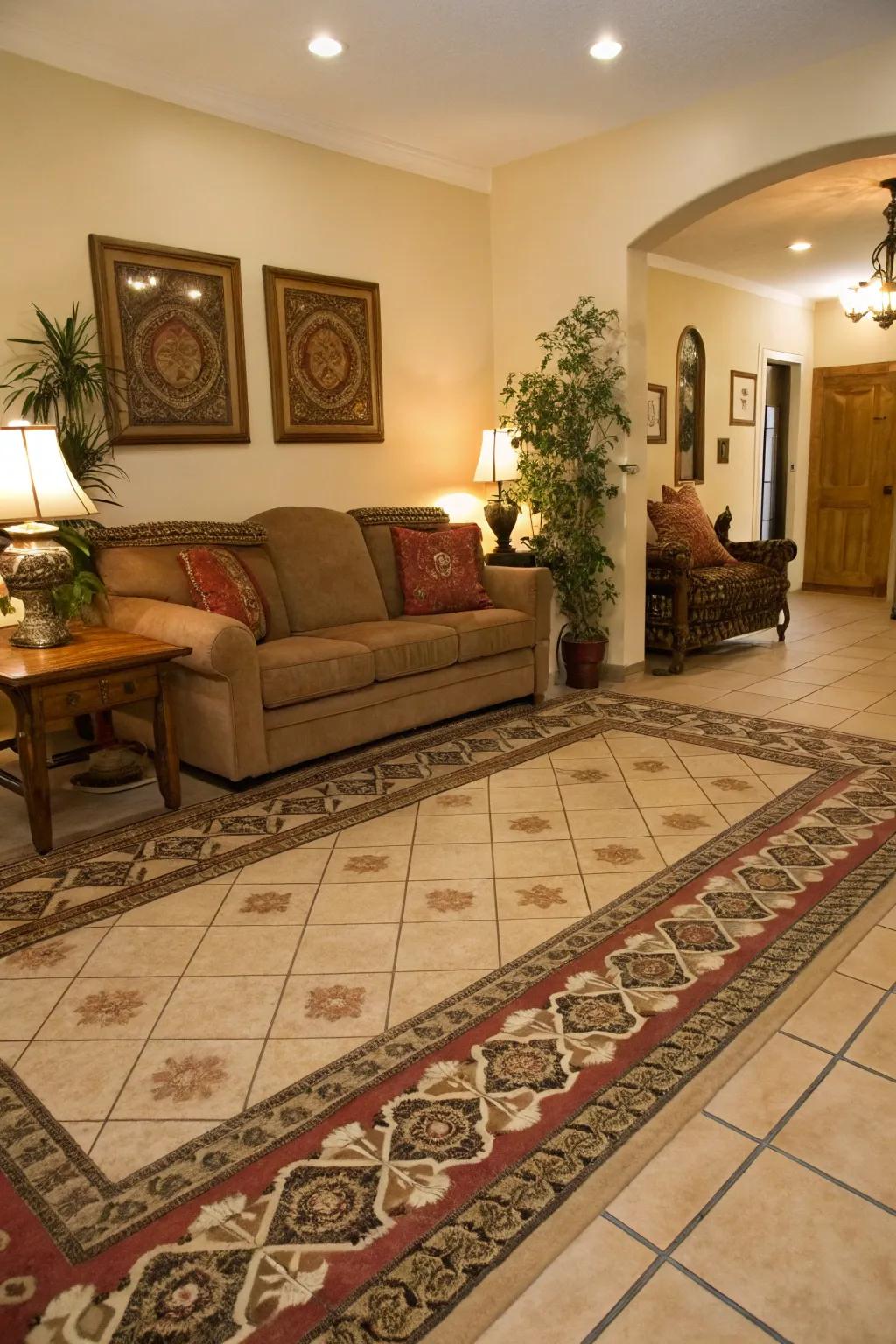 Rugged elegance connecting carpet and tile