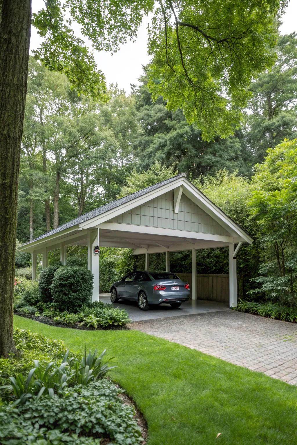 A carport with a pitched roof, providing both style and practicality.
