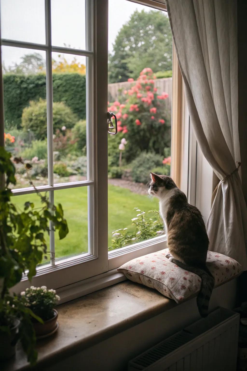A window seat offers cats a prime location to observe the world passing by.