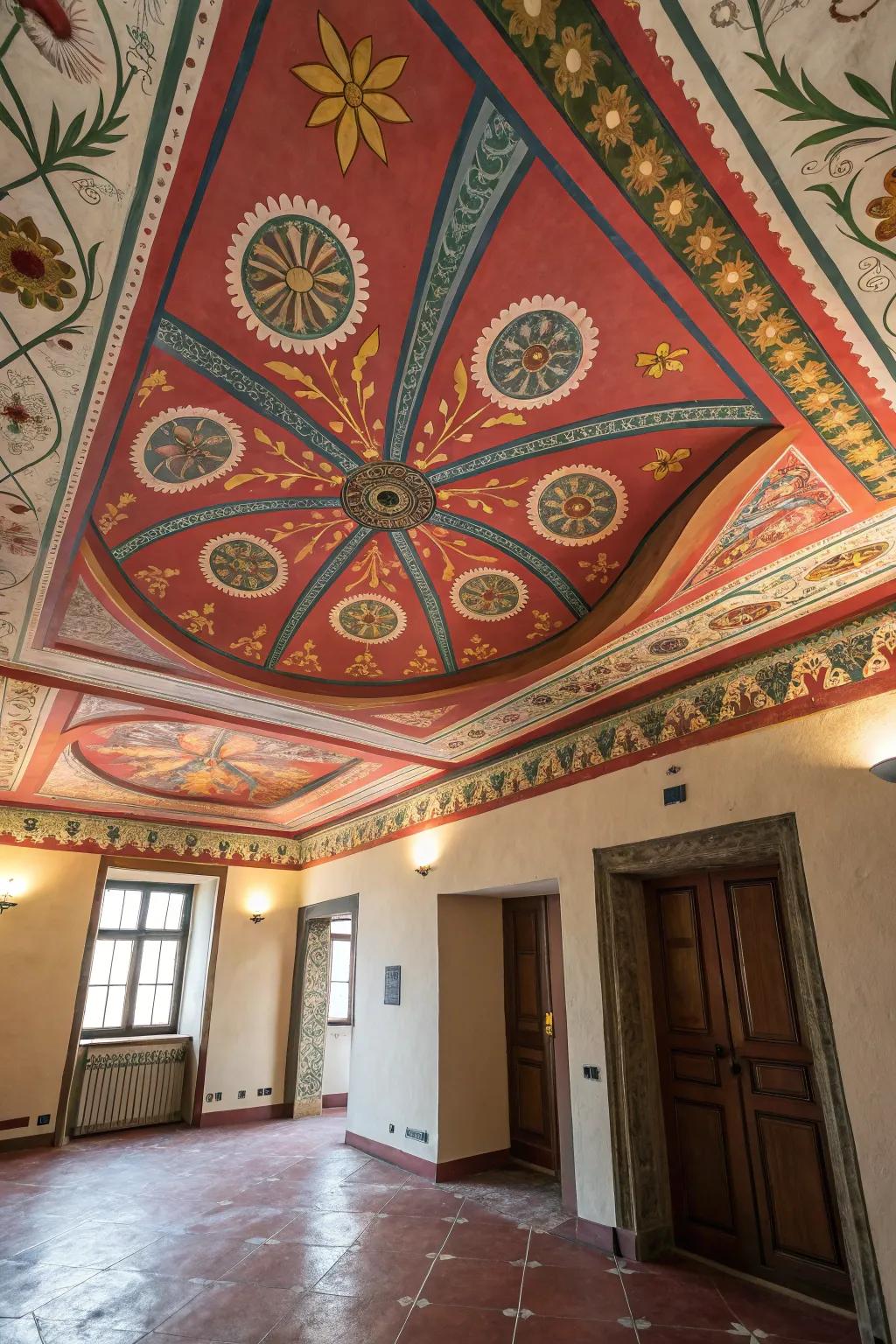 A vibrant painted ceiling that adds a splash of color to the space.