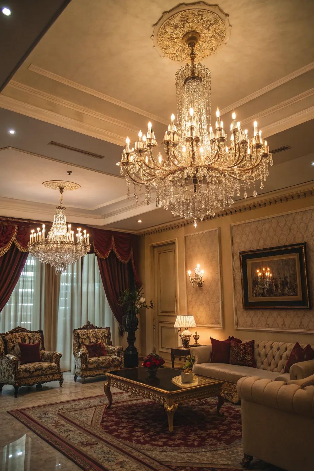 Use a magnificent hanging lamp as the focal point of your ceiling to make a bold statement.