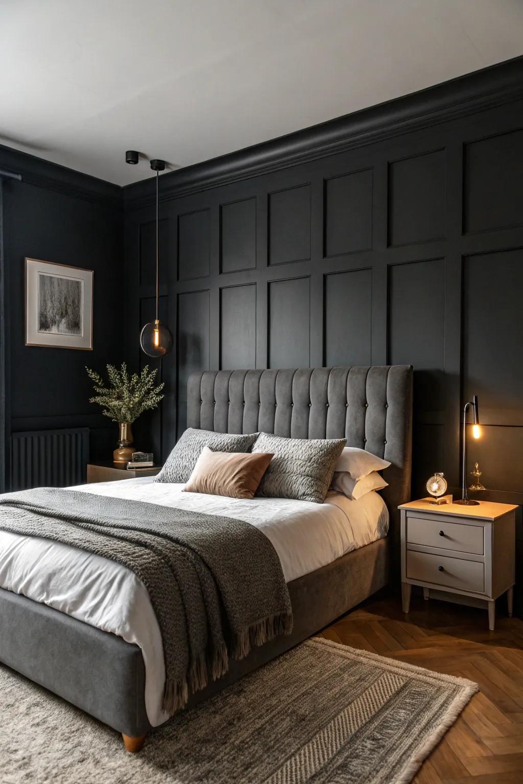 Dark walls paired with a grey headboard for a dramatic and cozy bedroom.
