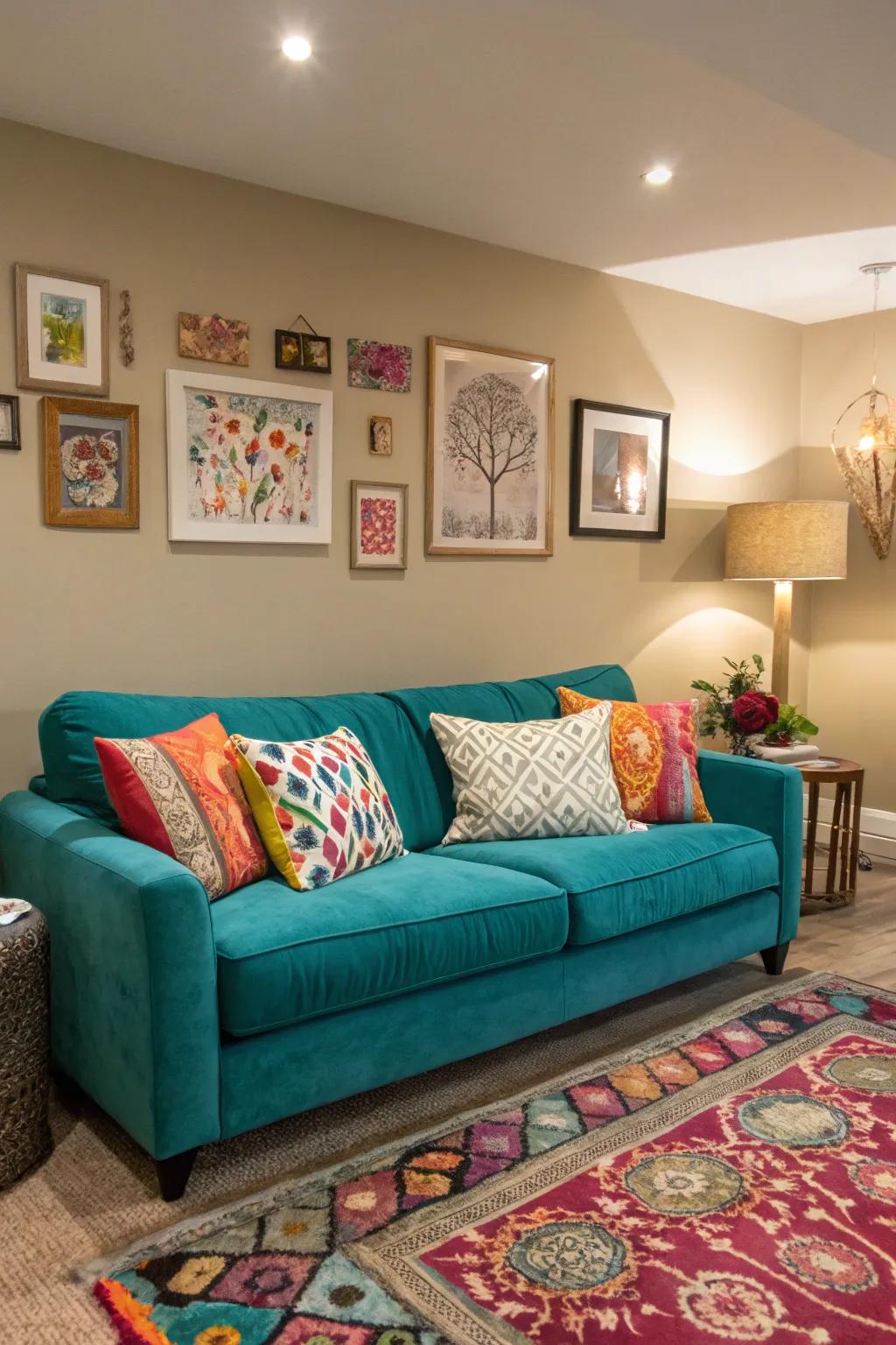 A brightly colored couch turns into the focal point of an elegant common area.