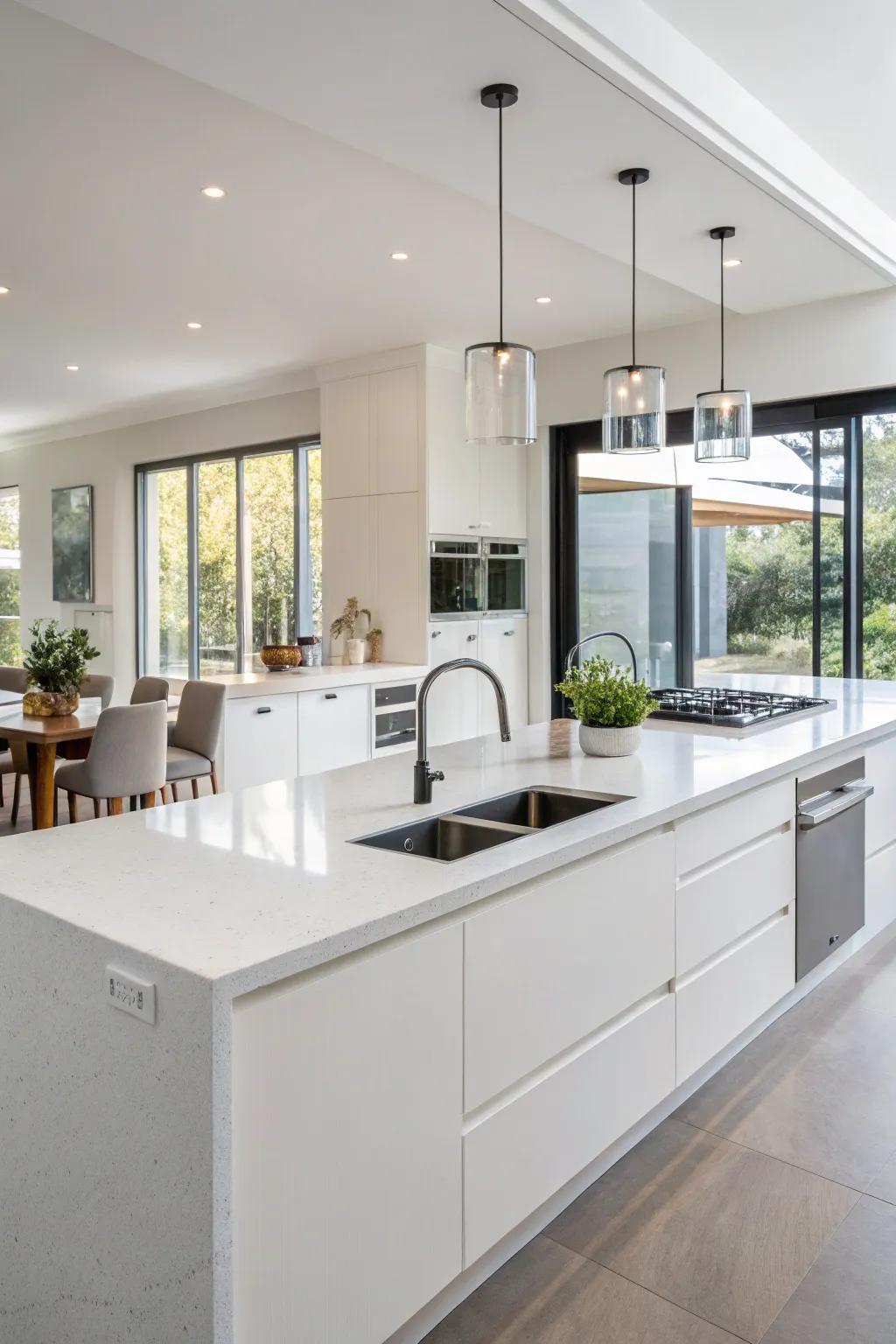 Elegant kitchen featuring stable material countertops.