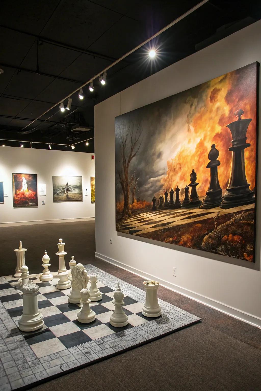 Theatrical scenarios render chess paintings enthralling.