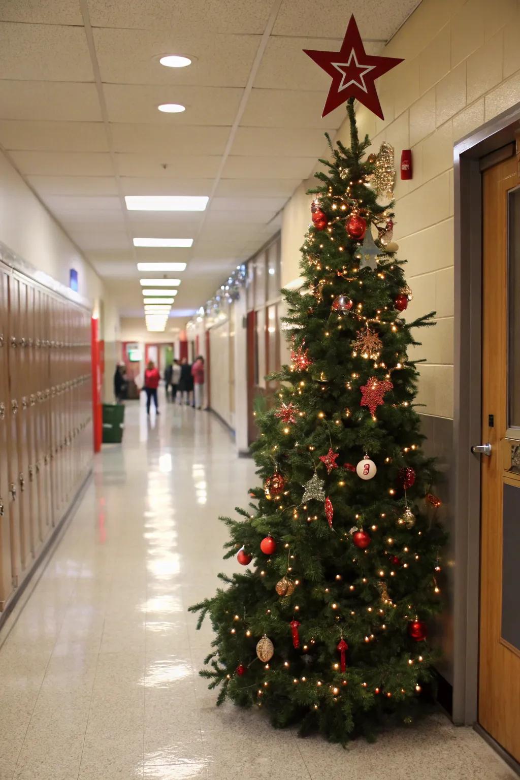 A quintessential Yule Tree graces this school entryway.