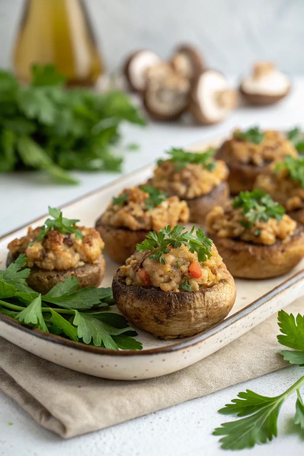 Stuffed fungi are a flavorful delicacy adored by all.