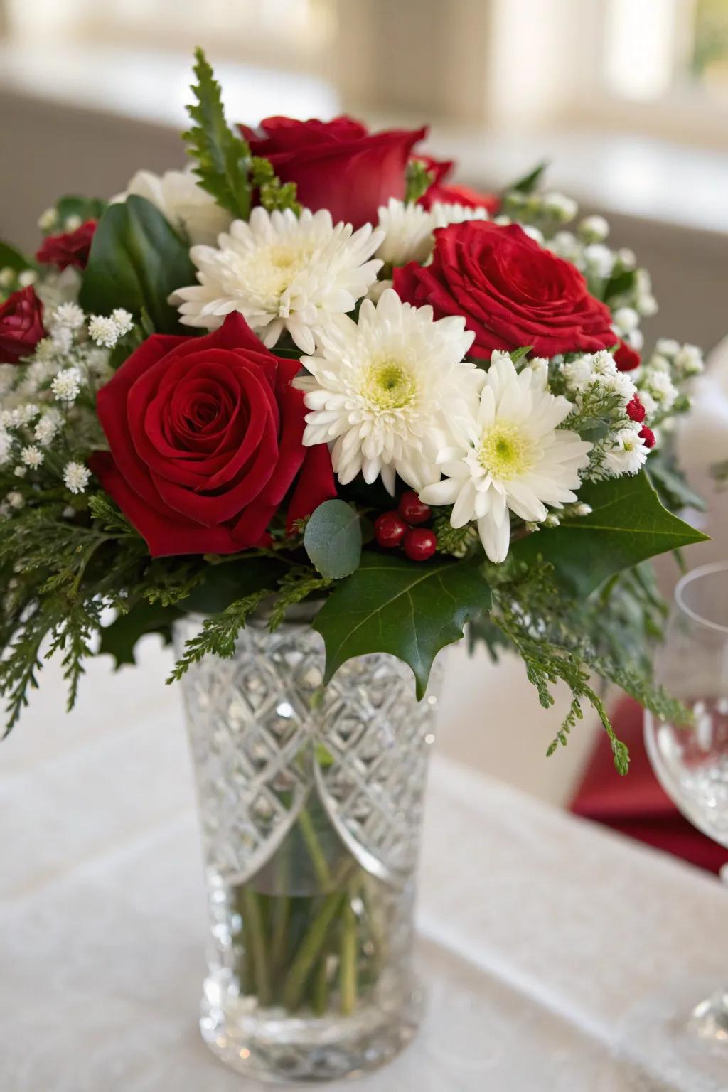 An everlasting setup of crimson, ivory, and verdant flowers.