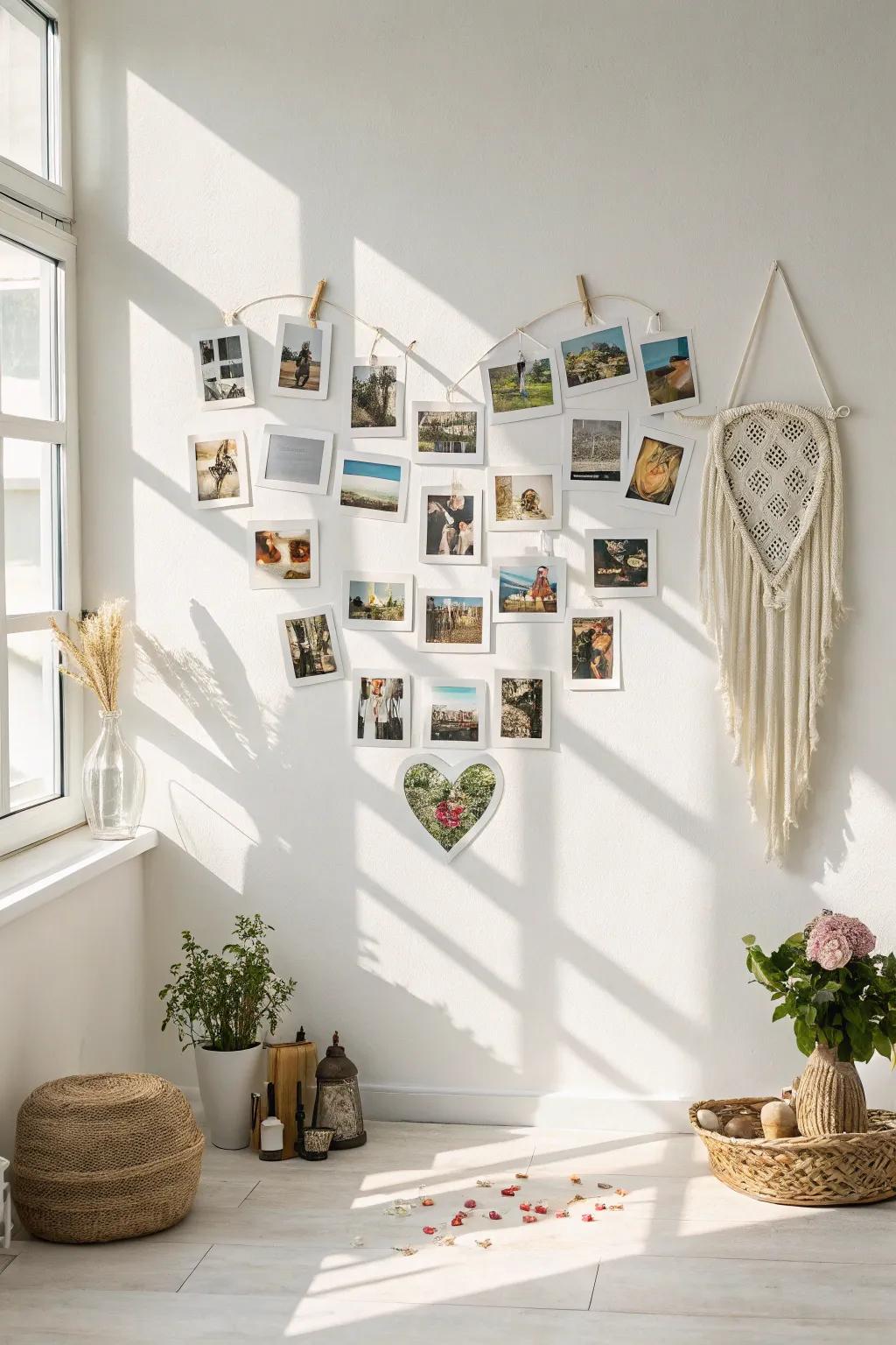 Imbue the enchantment of memories with a heart-shaped image collection, ideal for minimalist and boho-inspired environments.
