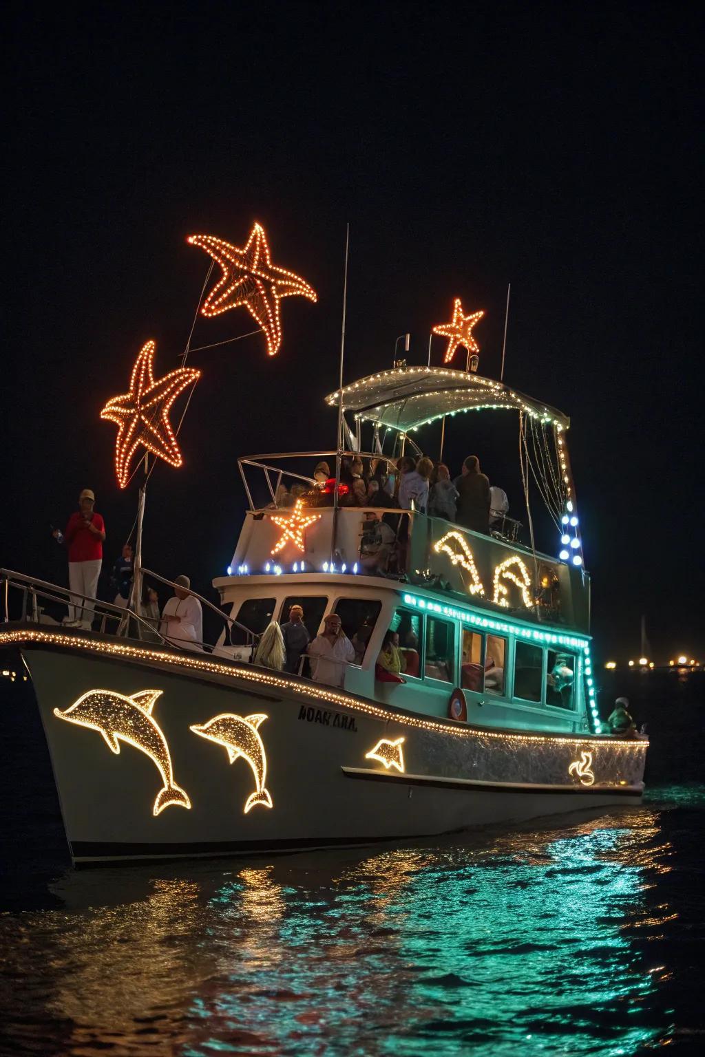 A creative fusion of sea life and holiday lights, engaging onlookers.