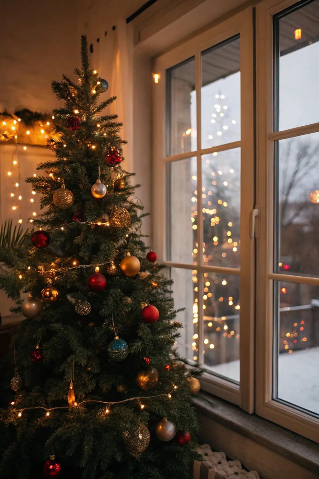 The reflection of tree lights in the window crafts a shared festive tableau.
