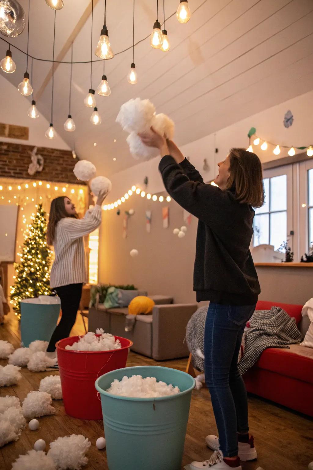 Indoor snow projectile toss activity injecting exhilaration into the festivities.