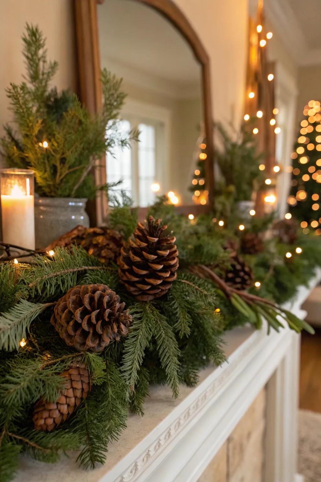 Natural elements such as fir cones bring warmth and texture to your decorations.