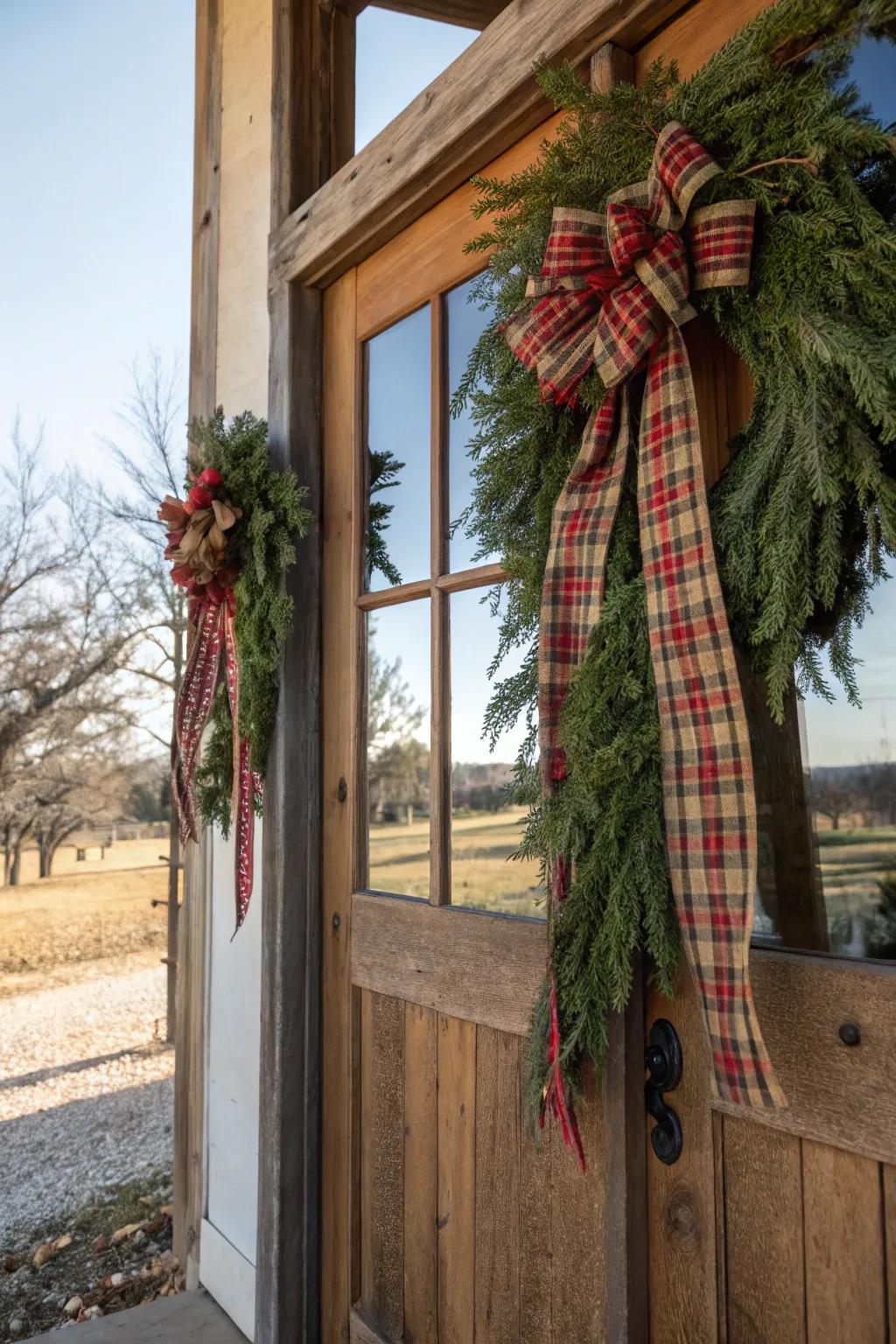 Checkered band lends this swag a cozy feel.