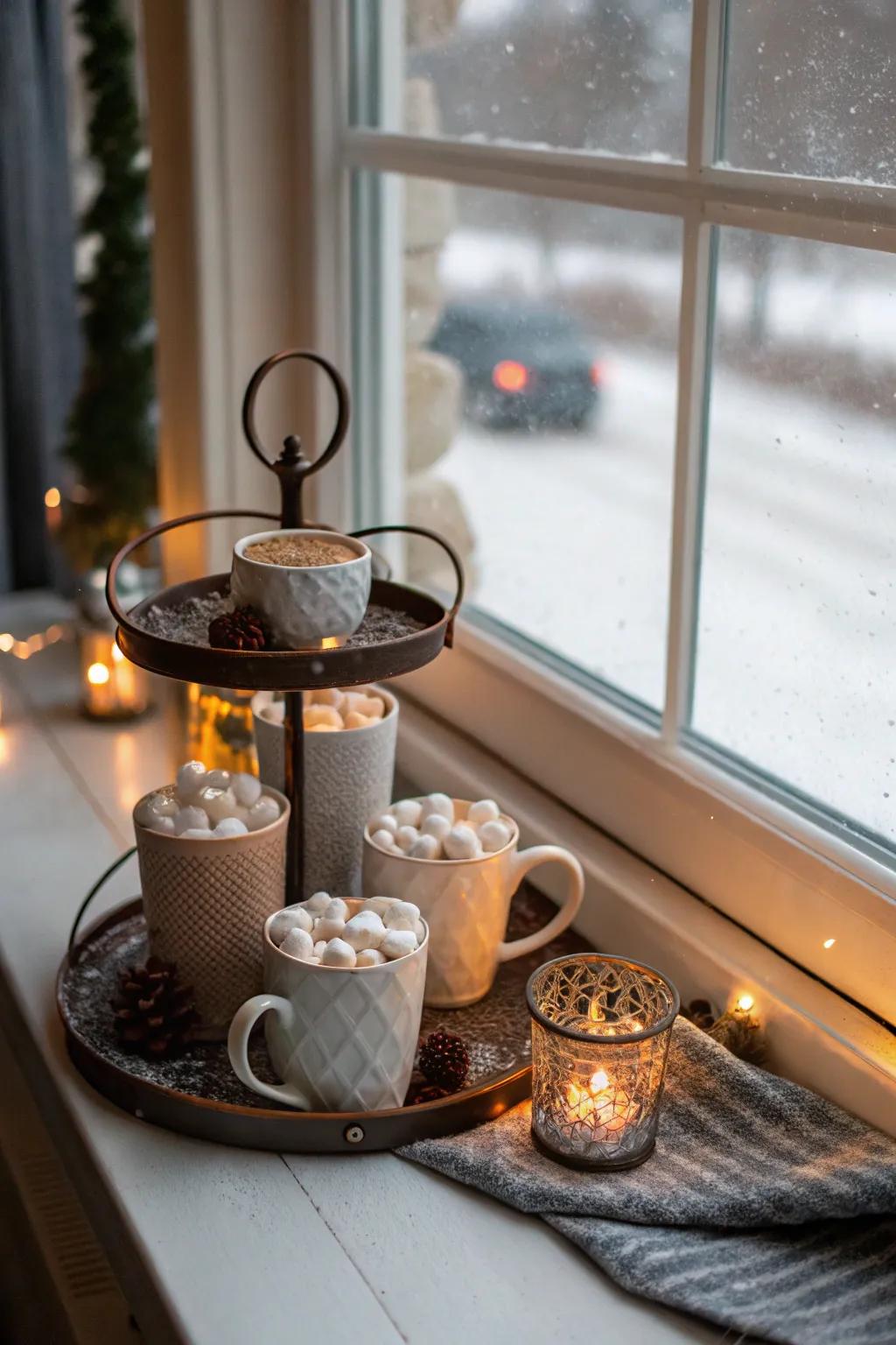 A welcoming and inviting warm cocoa retreat on a multi-level display.