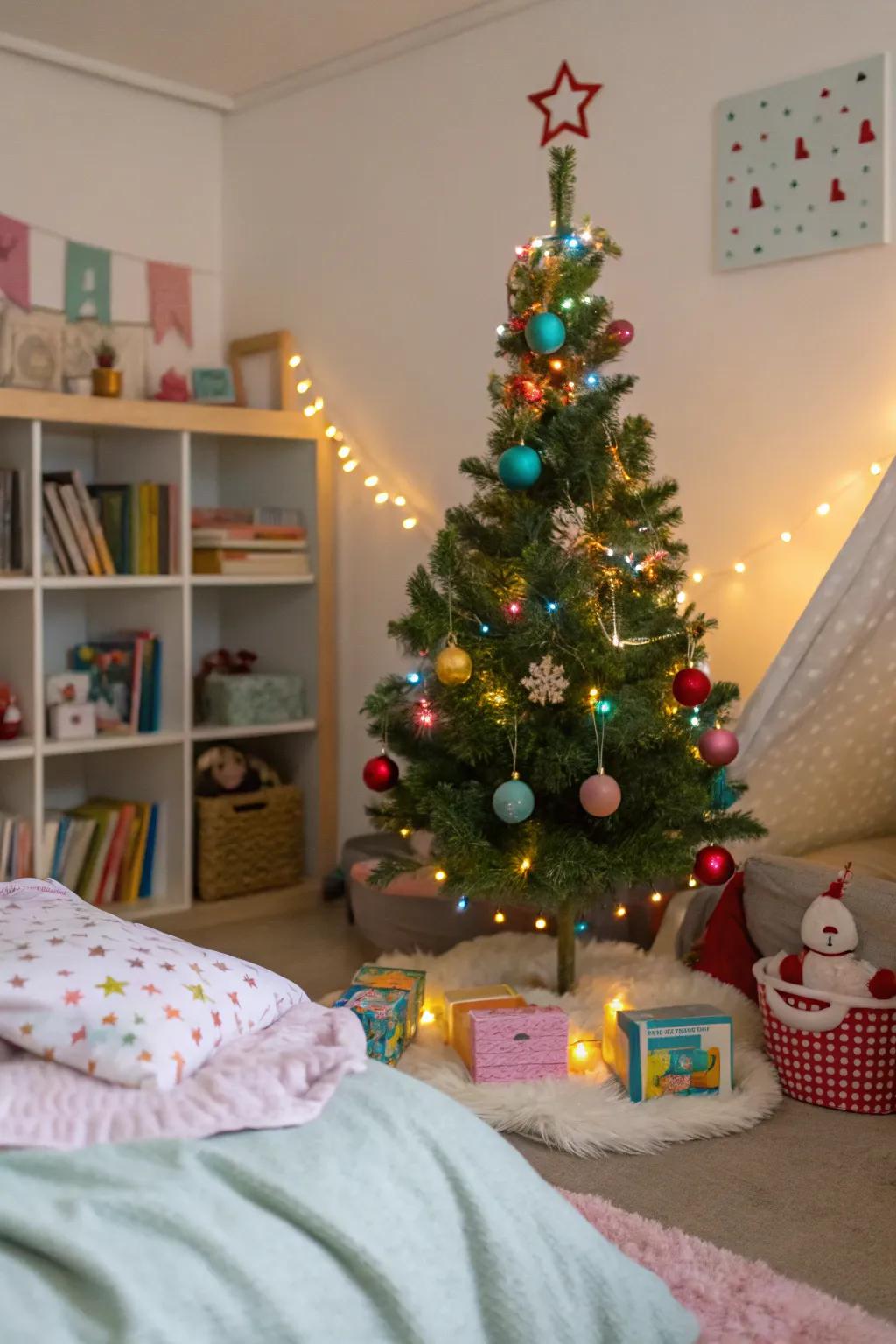 A small-scale Christmas tree inside a child's space.