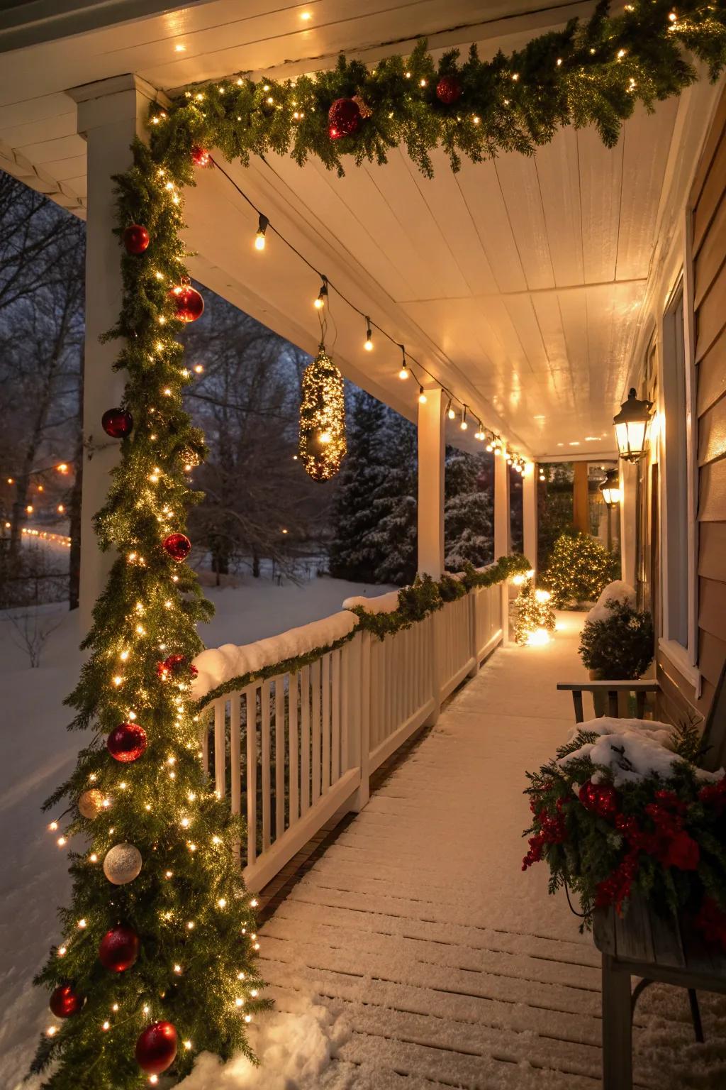 A porch elegantly decorated with strands and baubles.