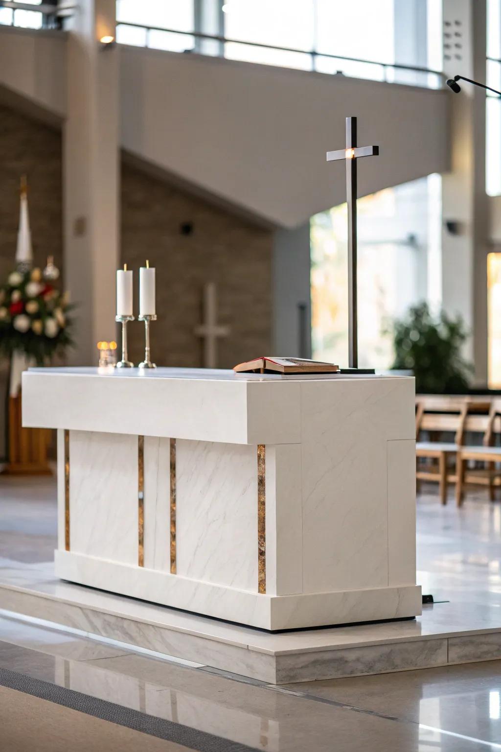 A bare altar featuring neat lines, offering a modern and serene area.