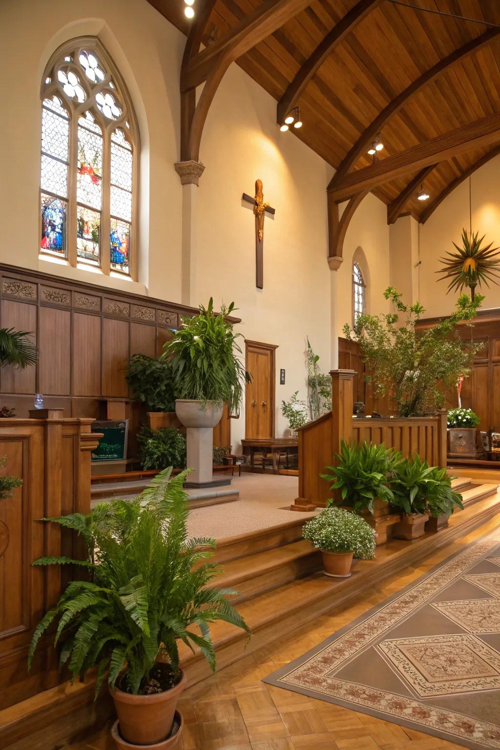 Chapel interior presenting organic timber touches and potted vegetation.