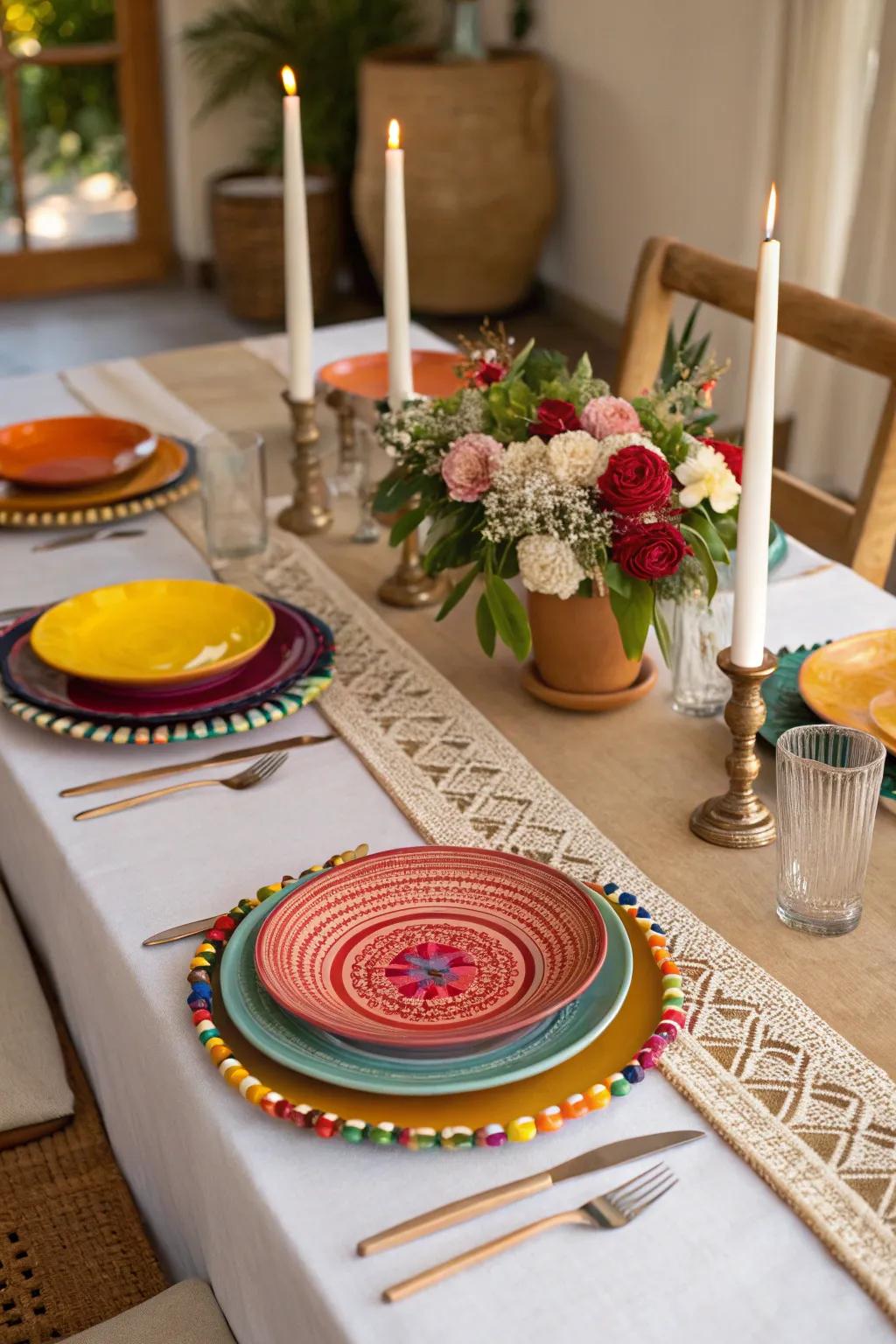 Celebratory table arrangements with serapis and vibrant accents.
