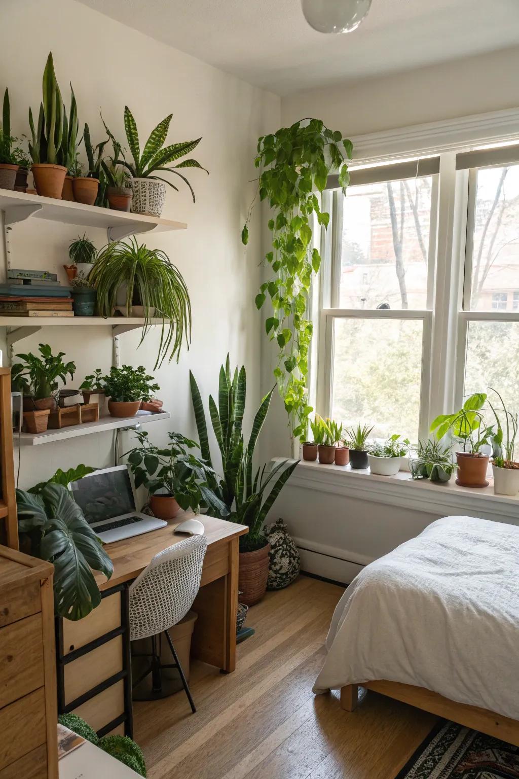 Indoor flora adds freshness and vitality to a tidy bedroom.