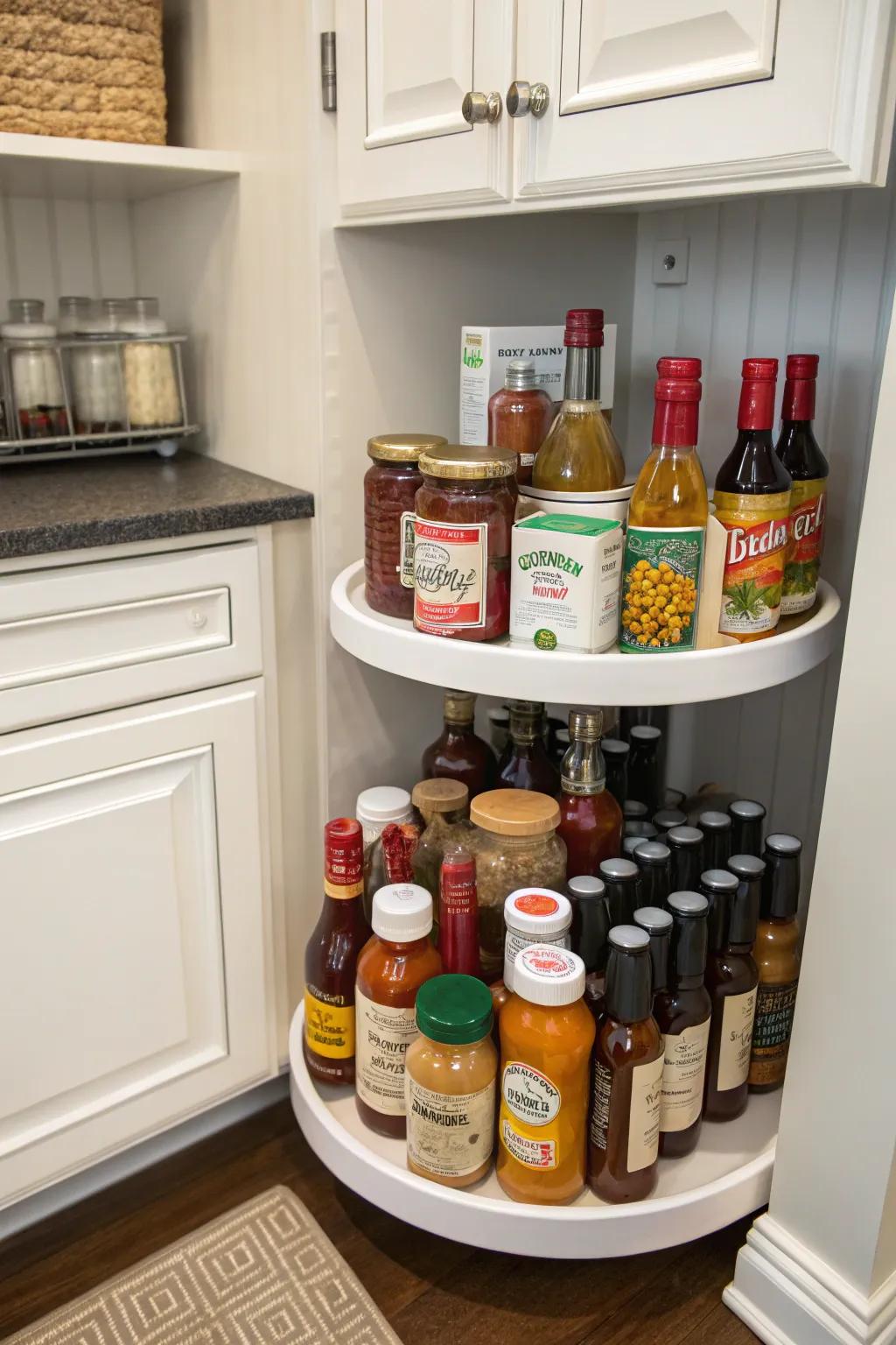 Revolving trays render clumsy nooks functional and accessible.