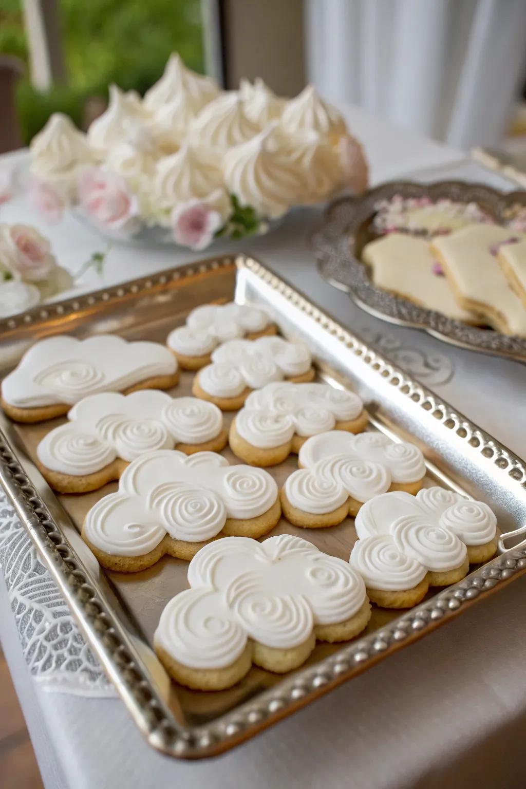 Delicious cumulus-shaped biscuits contribute a sweet thematic element to the baby shower.
