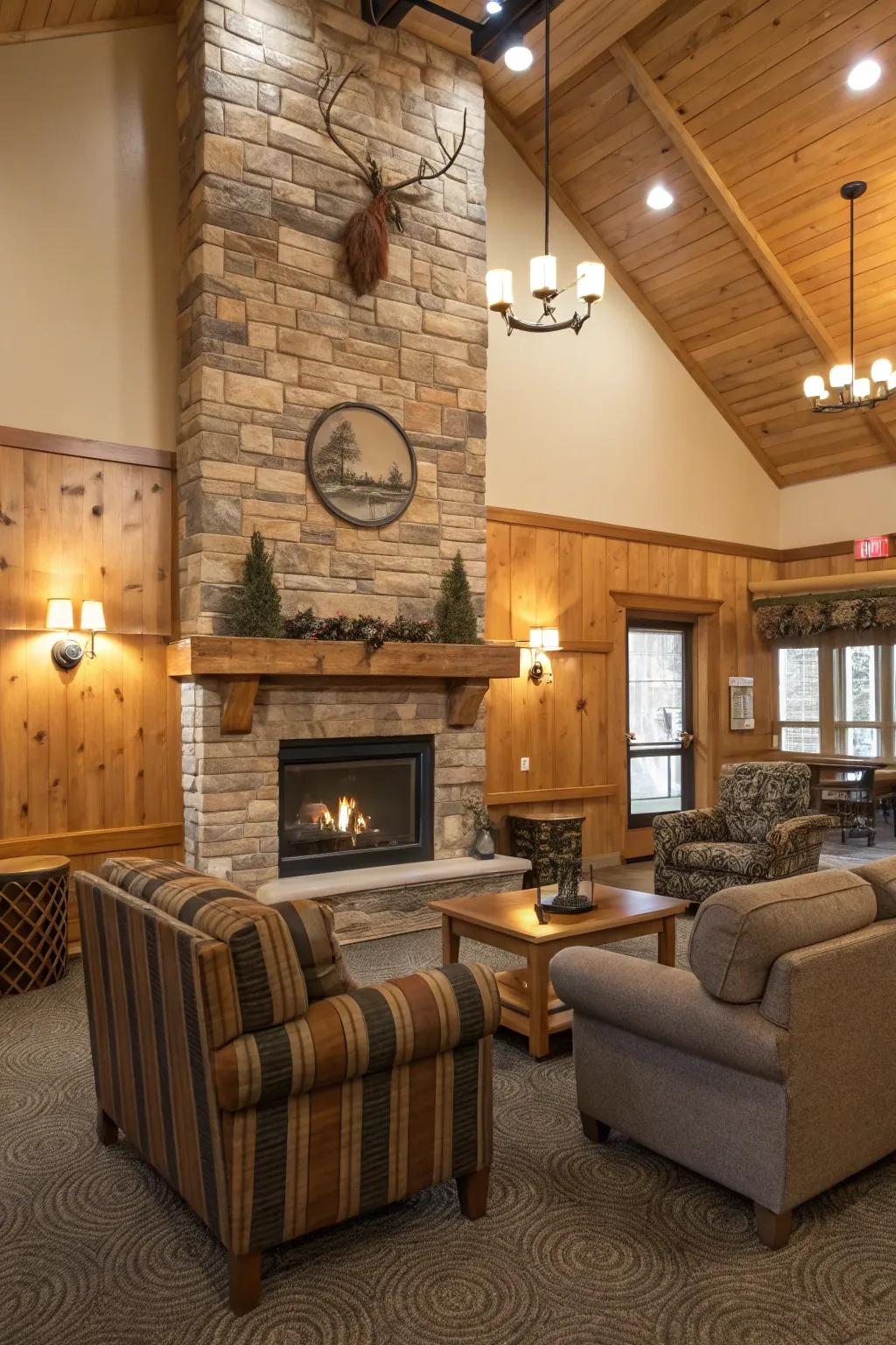 Comfortable ambiance featuring a central fireplace in a clubhouse.