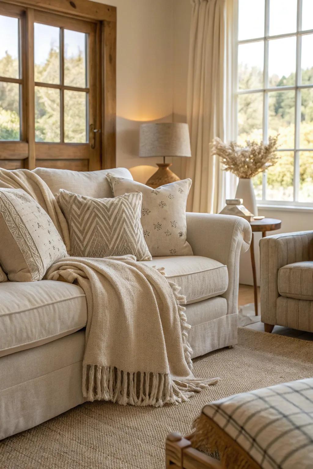 A living room enhanced by the elegance of linen textiles.