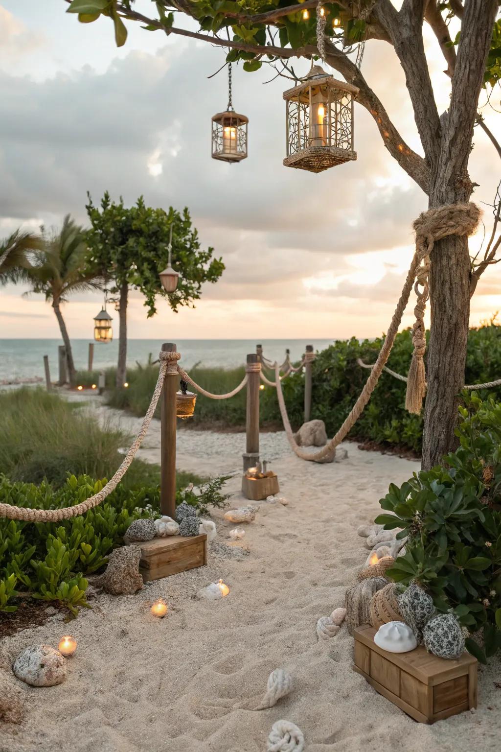 Seashore components such as ropes and lights stimulate a seaside escape.