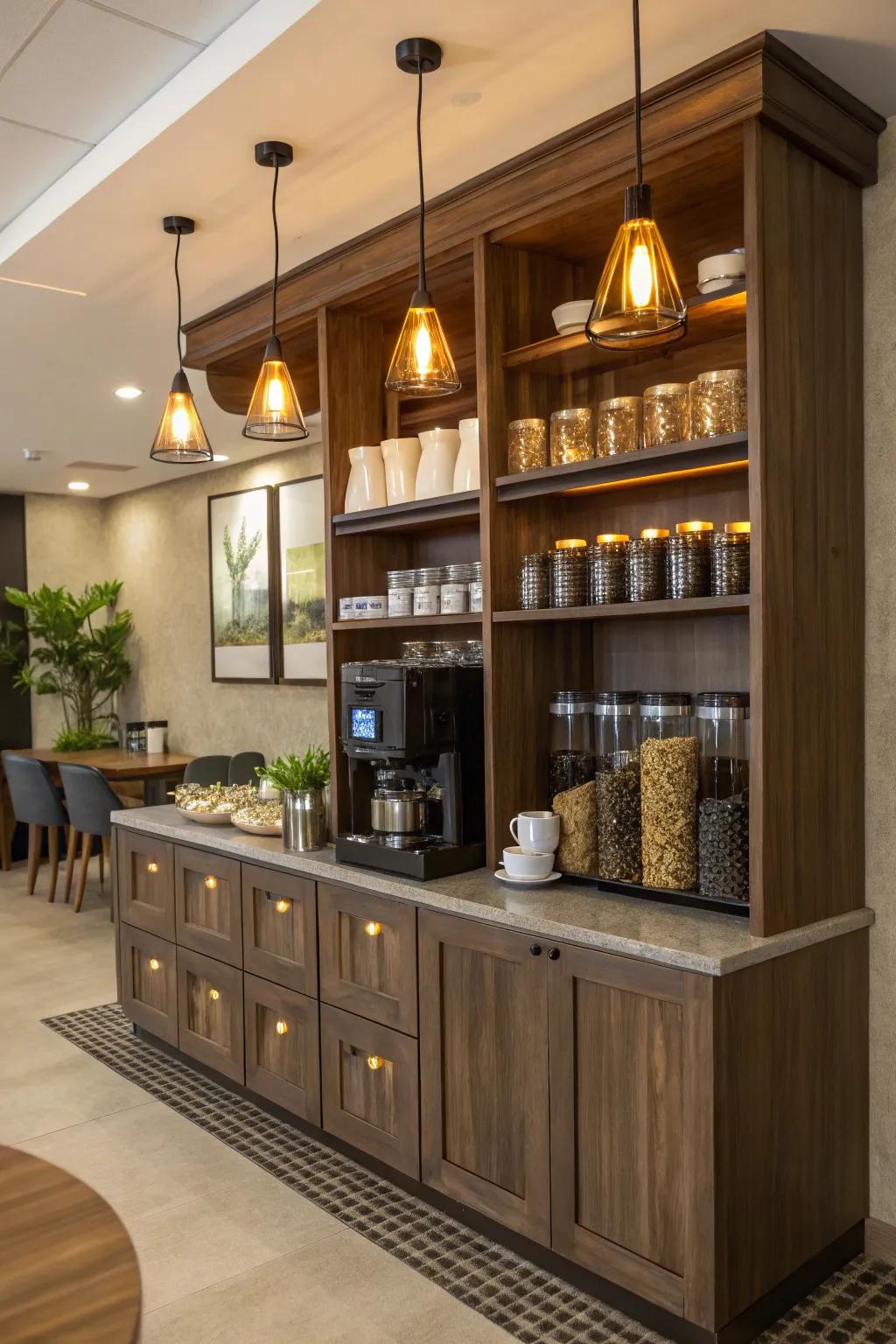 Ornamental illumination that lends warmth to the java bar.