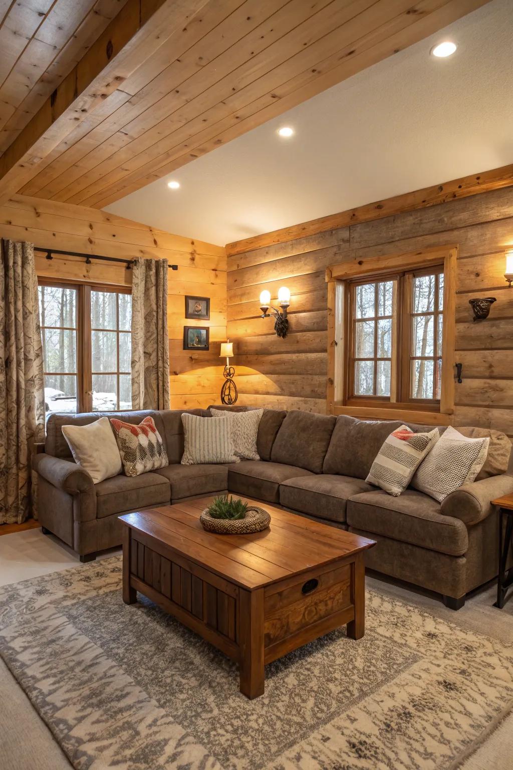 A rustic timber coffee table brings a cozy, inviting charm to any living room.